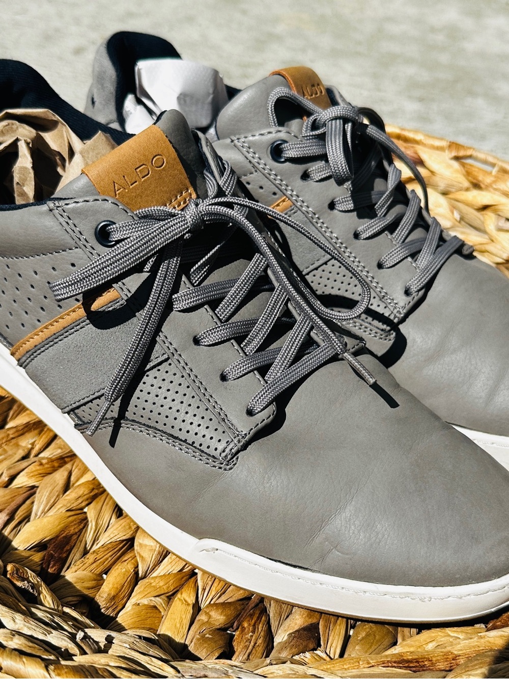 ALDO Gray Leather Sneakers with Tan Accent